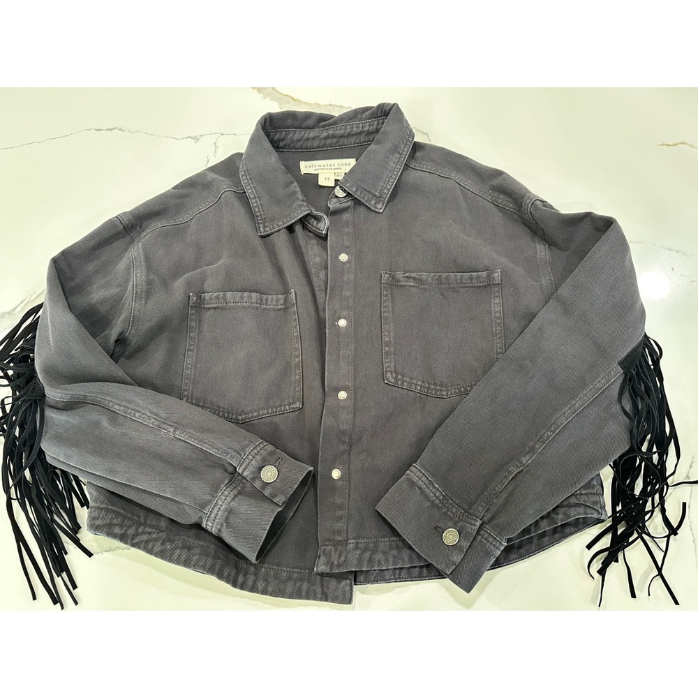 Saltwater Luxe Washed Black Fringe Denim Jacket Western Cropped S2624-WASHBLK M